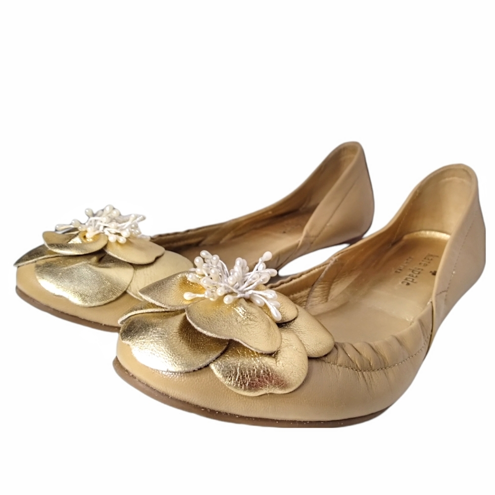Kate Spade Floral Leather Nude Gold Ballerina Flats Size 6.5M